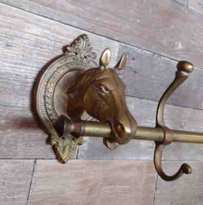 Vintage 39" Brass Horse Head Coat Rack Wall Hook Jacket Scarf Hat Hanger Western