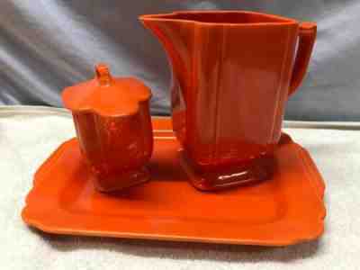 Vintage HOMER LAUGHLIN RIVIERA Batter Jug, Covered Syrup and Tray RED