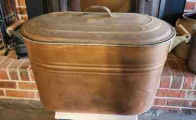 Vintage Copper Boiler w Lid Wash Tub Pot with Wood handles Antique Old