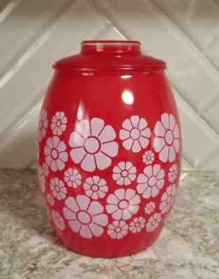 Vintage Mid-Century Bartlett Collins Red Glass Cookie Jar With White Daisies
