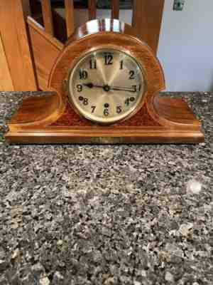 Antique Mantle Clock Westminster Chimes Napoleon Hat Mahogany Burr Walnut C:1933