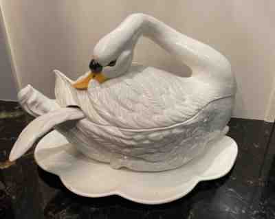 Vintage Swan Soup Tureen LARGE Ceramic WHITE w Feather LADLE, PLATTER 4 Pieces