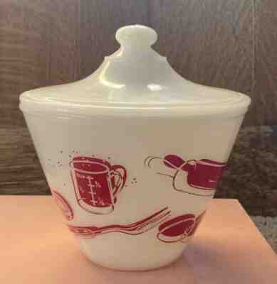 Vtg Anchor Hocking FIRE KING GREASE JAR â??KITCHEN AIDS Pattern w/LID RARE & HTF