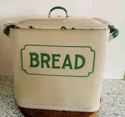 1930â?? Cream Green Enamel Bread Canister by Metter & Company Australia