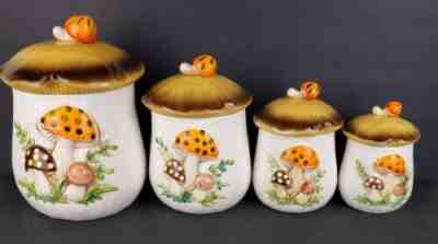 Vintage Sears Roebuck Merry Mushroom 4 Piece Canister Set With Lids *Read Disc*