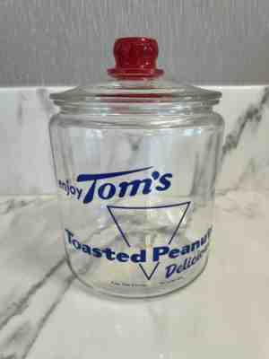 Vintage Tom's Toasted Peanuts Glass Counter Jar with Red Knob Lid 10" Mint