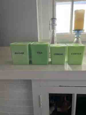JEANNETTE JADEITE 4 SQUARE CANISTERS with LIDS see sizes in descriptions
