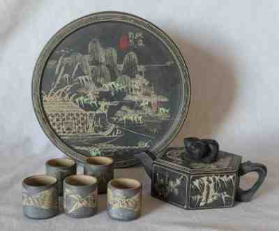 Vintage Chinese cube tea pot RARE sake set in clay case tray box lid earthenware
