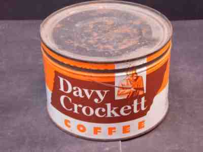 Original Vintage Metal Advertising Coffee Can w/ Lid 1 Pound Davy Crockett