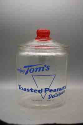 Vintage Tomâ??s Toasted Peanuts Glass Jar Clear Lid Red Handle Counter Display