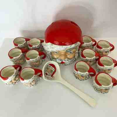 Vintage Santa Punch Bowl With 12 Cups Lid & Ladle Christmas Holiday Collectible