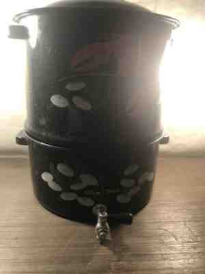 VINTAGE SPECKLED ENAMEL LOBSTER DBL STEAM POT CLAM BROTH SPIGOT 3 PIECE SET