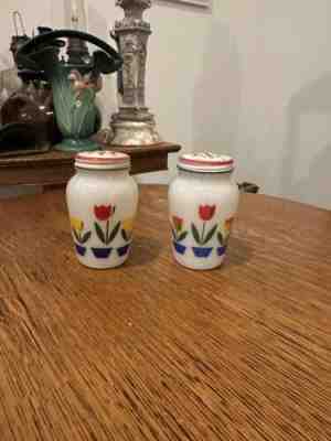 Vintage Fire King Tulip Salt And Pepper Shakers With Lids