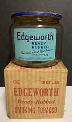 Vintage Edgeworth Tobacco Glass Jar w/ Cardboard Blue Lid & Orig Box 16oz Jar
