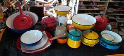 Vintage Enamel Enamelware Pots Pans Bowls Lot Blue Green Red Yellow