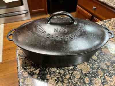 Rare Vintage Wagner Ware Drip Drop Baster No 3 Cast Iron Oval Roaster with Lid