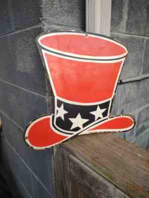 VINTAGE LARGE RED HAT GASOLINE PORCELAIN DIE CUT ADVERTISING PUMP PLATE SIGN