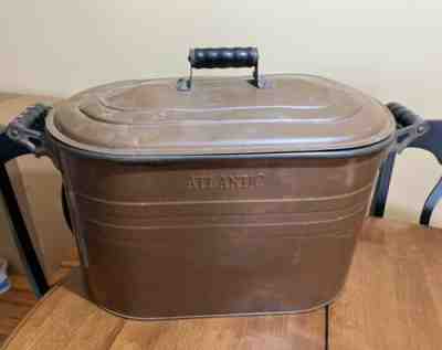 Vintage Antique Atlantic Copper Boiler Wash Tub Pot With Lid Wood Handles