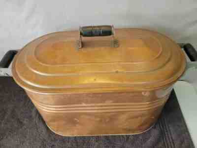 L~Vintage Antique Primitive Large Copper Boiler Wash Tub Pot Lid Wood Handles