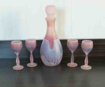 Vintage Liquor Decanter and 4 Stemmed Shot Glasses From Israel