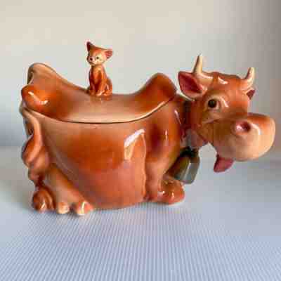 Vintage Brush McCoy Pottery Cookie Jar Cow with Winking Cat W10 USA - NO CHIPS