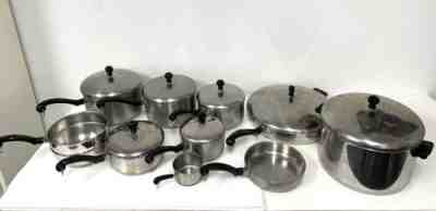 Vtg Farberware Aluminum Clad Stainless Steel 17 Piece Set w/ Lids Pots/Skillets