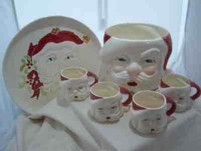 VTG CHRISTMAS WINKING SANTA PUNCH BOWL LARGE PLATTER 4 MUGS Red Hats