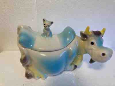 Vintage Brush Pottery Cookie Jar Blue/White Cow Winking Cat on Back USA W10