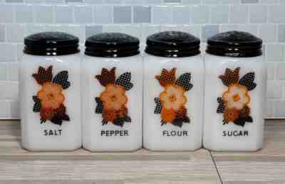 1930's McKee Milk Glass Shaker 4set Salt Pepper Flour Sugar w Floral Mesh Design