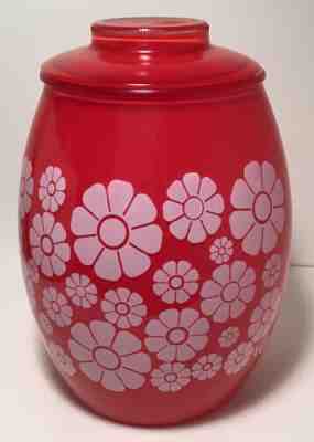 Vintage Mid-Century Bartlett Collins Red Glass Cookie Jar With White Daisies