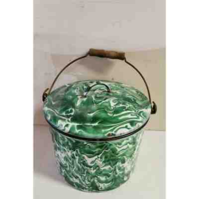 Vintage Emerald Green & White Swirl Graniteware Enamelware Water Bucket w/lid