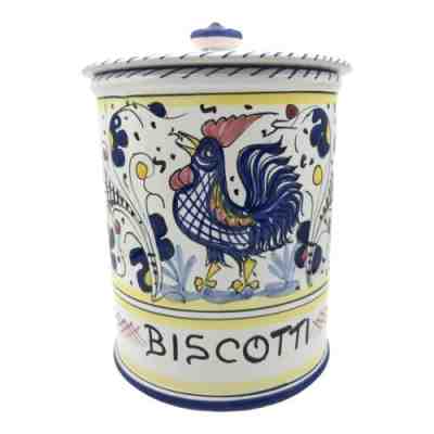 Vntg Italian Deruta Hand Painted Pottery Galletto Rooster Biscotti Jar w/Lid