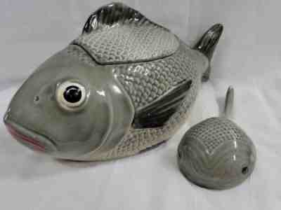 Vintage Gray Ceramic Fish Majolica Art Soup Tureen Lid Ladle Bowl Dish Portugal