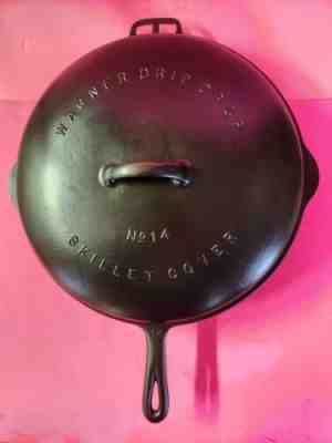 HTF WAGNER WARE No. 14 Cast Iron Skillet 1064 w/ Heat Ring & Raised Ltr Lid 1074