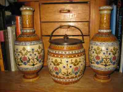 Pair of Mettlach Vases by Villeroy & Boch, Circa 1884 Matching Bisquit Jar Lid