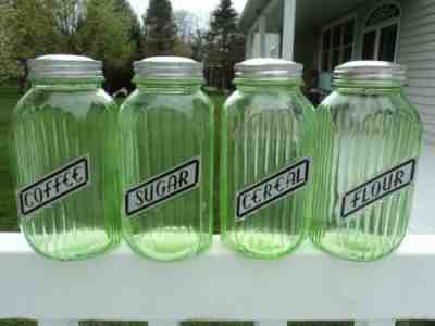 HOCKING GLASS VINTAGE GREEN 4 PIECE CANISTER SET THEY GLOW