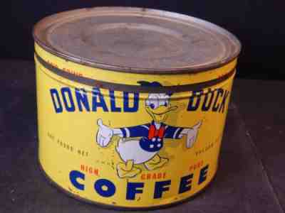 Original Vintage Metal Advertising Coffee Can w/ Lid 1 Pound Disney Donald Duck
