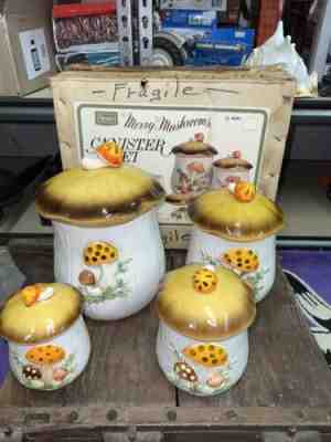 Vintage Merry Mushroom Sears Roebuck 1976 Ceramic Canister Set of 4 Japan w/ Box