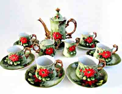 Vintage LEFTON 18pc Hand Painted China Tea Set #4383 Gold & Red Poinsettia Art