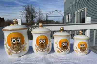 Set of 4 - Vintage SEARS ROEBUCK AND CO Ceramic Owl Canisters 1983 Japan EX Cond