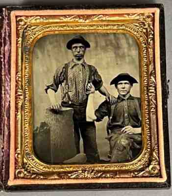 1/6 PLATE TINTYPE OF TWO MEN IN WORK CLOTHES, WITH STRANGE HATS