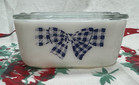 Rare Vintage McKee Milk Glass Blue Gingham Bow Refrigerator Dish