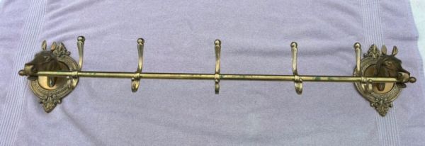 Vintage Mid Century Brass Horse Head Wall Coat/Hat Rack Equestrian 5 Hook - 38”