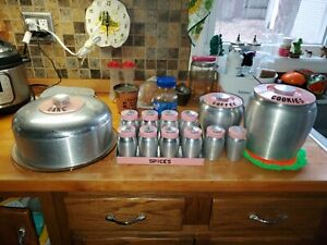 Pink Vntg KROMEX Canisters Cookies, Coffee, Spice Jars W/rack, Cake Tin & Plate