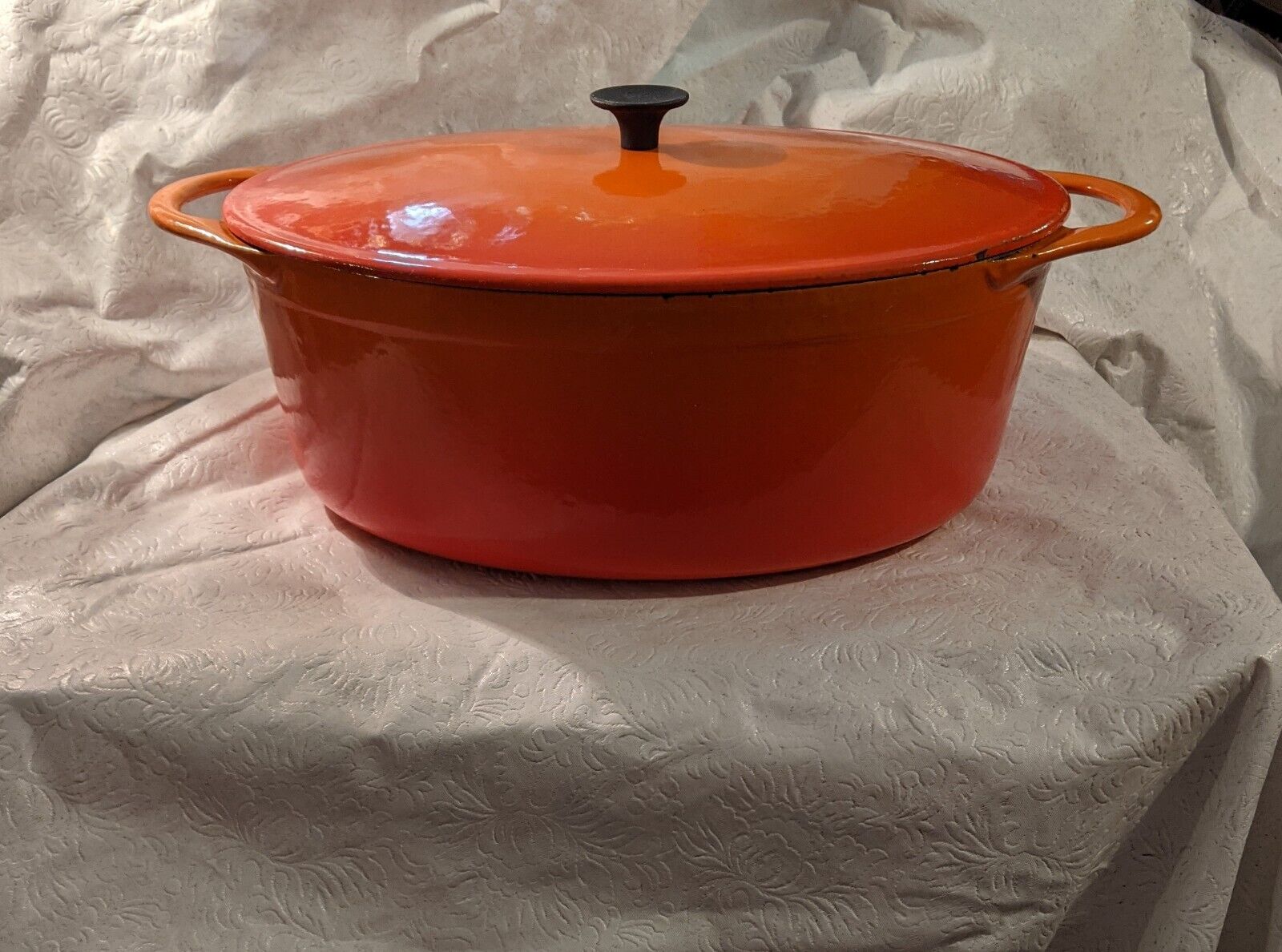 VTG Le Creuset Cast Iron Oval Enamel Dutch Oven Orange Flame Large Length 11"