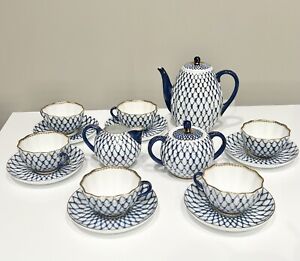 Vintage Russia Porcelain Factory Cobolt Tea & Coffee Set- 15 Pieces