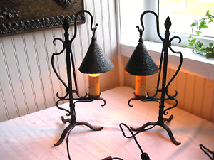 Pair of vintage Iron Witch Hat Gothic Mission Arts & Crafts Table Lamps