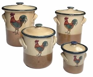 Vintage Monroe Salt Works Maine Pottery Rooster Stoneware Handled Crock Set Four