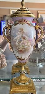 French Collet Signed Hand Painted 14k Gilded Porcelain Urn w/Enameled Base & Lid