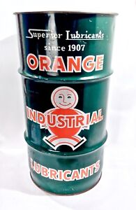 Vintage 1943 To 1962 Orange Lube 16 Gallon Oil Drum Trash Can W/ Lid Nice Can
